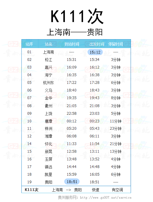 上海南至貴陽K111次列車時(shí)刻表