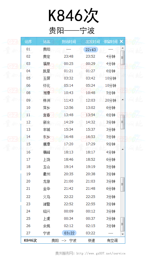 貴陽至寧波K846次列車時(shí)刻表